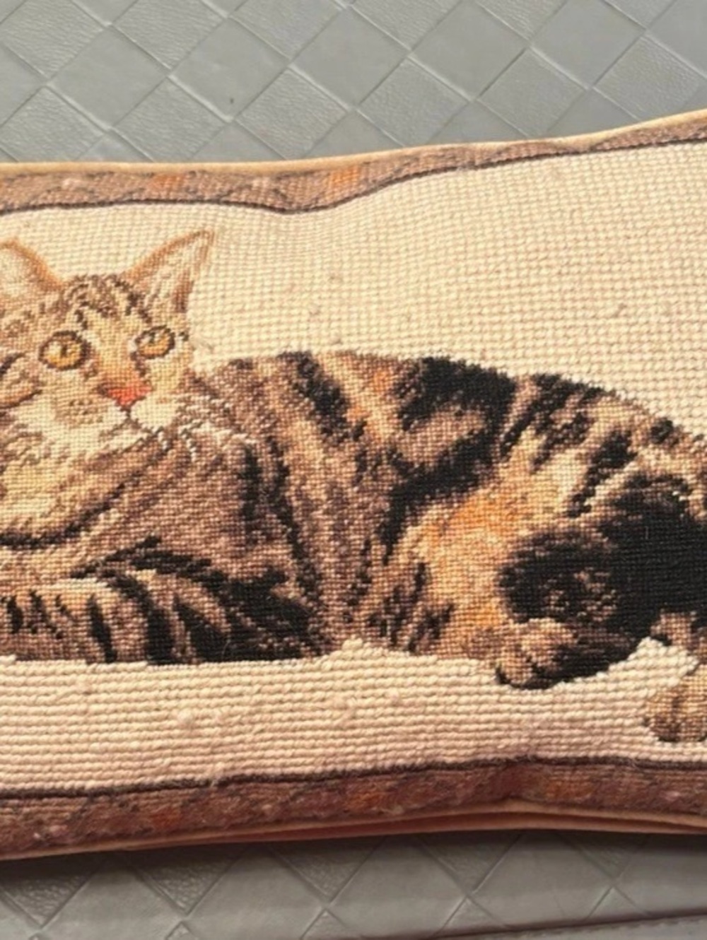 Cottagecore needlepoint Cat Accent Pillow in Brown & Tan